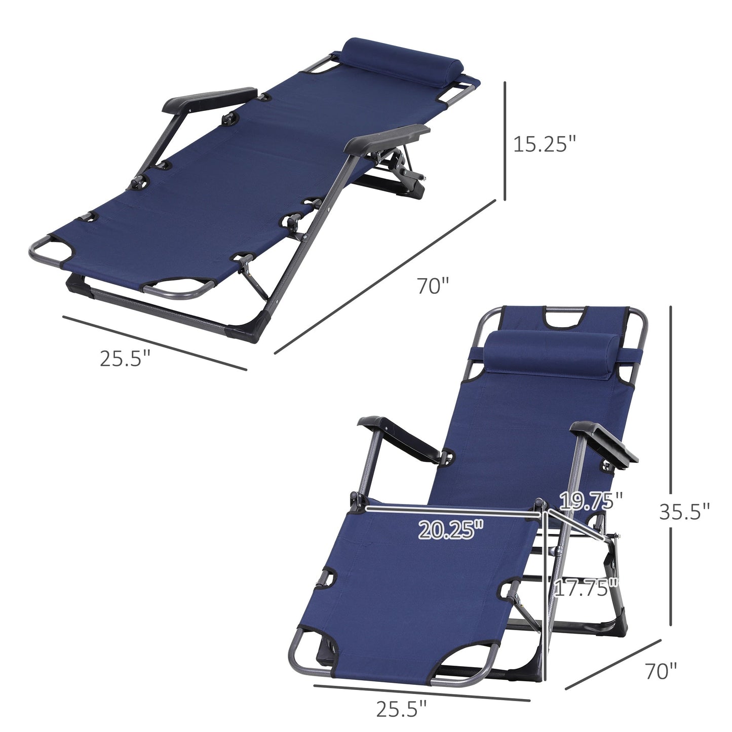 '-Outsunny Folding Lounger Chair Metal Frame Folding Sun Lounger Curved Reclining Chair 120Â° / 180Â° W/ Head Pillow Navy - Outdoor Style Company