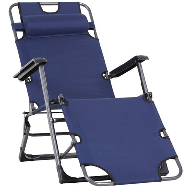 -Outsunny Folding Lounger Chair Metal Frame Folding Sun Lounger Curved Reclining Chair 120Â° / 180Â° W/ Head Pillow Navy - Outdoor Style Company