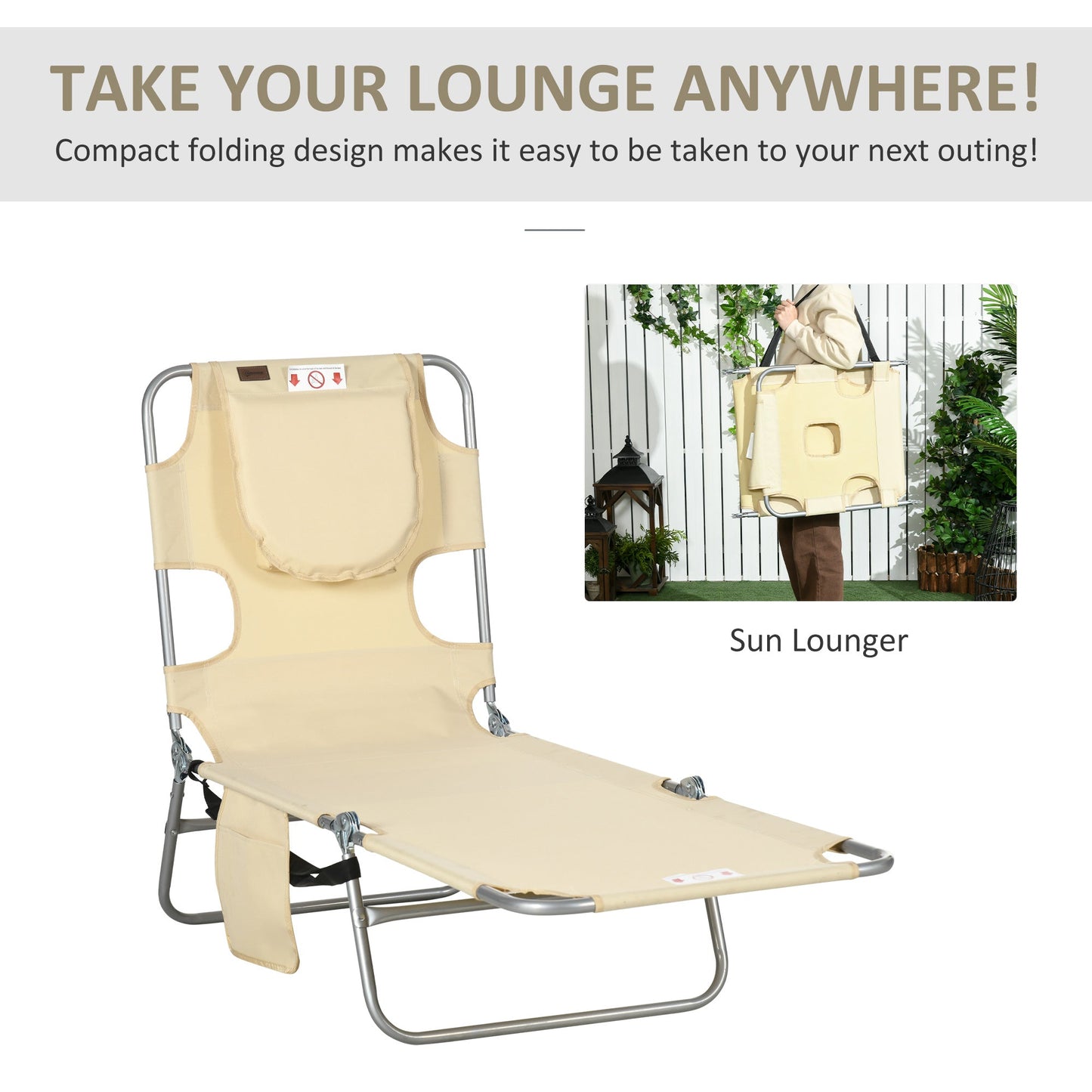-Outsunny Folding Outdoor Chaise Lounge Sun Tanning Chair with Face Cavity, Pillow, 5-level Adjustable for Beach Pool, Beige - Outdoor Style Company