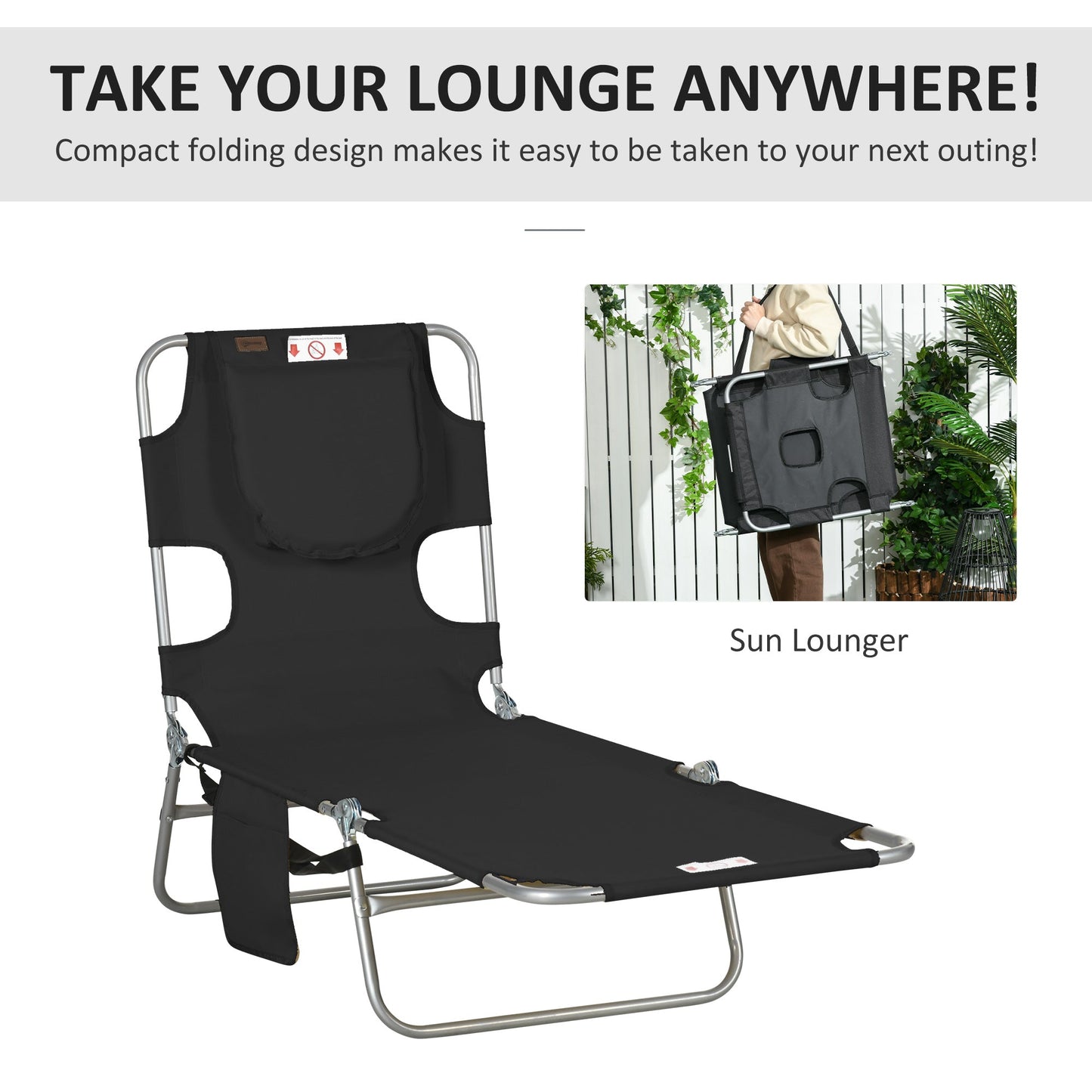-Outsunny Folding Outdoor Chaise Lounge Sun Tanning Chair with Face Cavity, Pillow, 5-level Adjustable for Beach Pool, Black - Outdoor Style Company