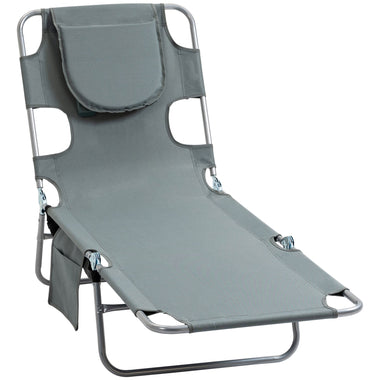 -Outsunny Folding Outdoor Chaise Lounge Sun Tanning Chair with Face Cavity, Pillow, 5-level Adjustable for Beach Pool, Gray - Outdoor Style Company