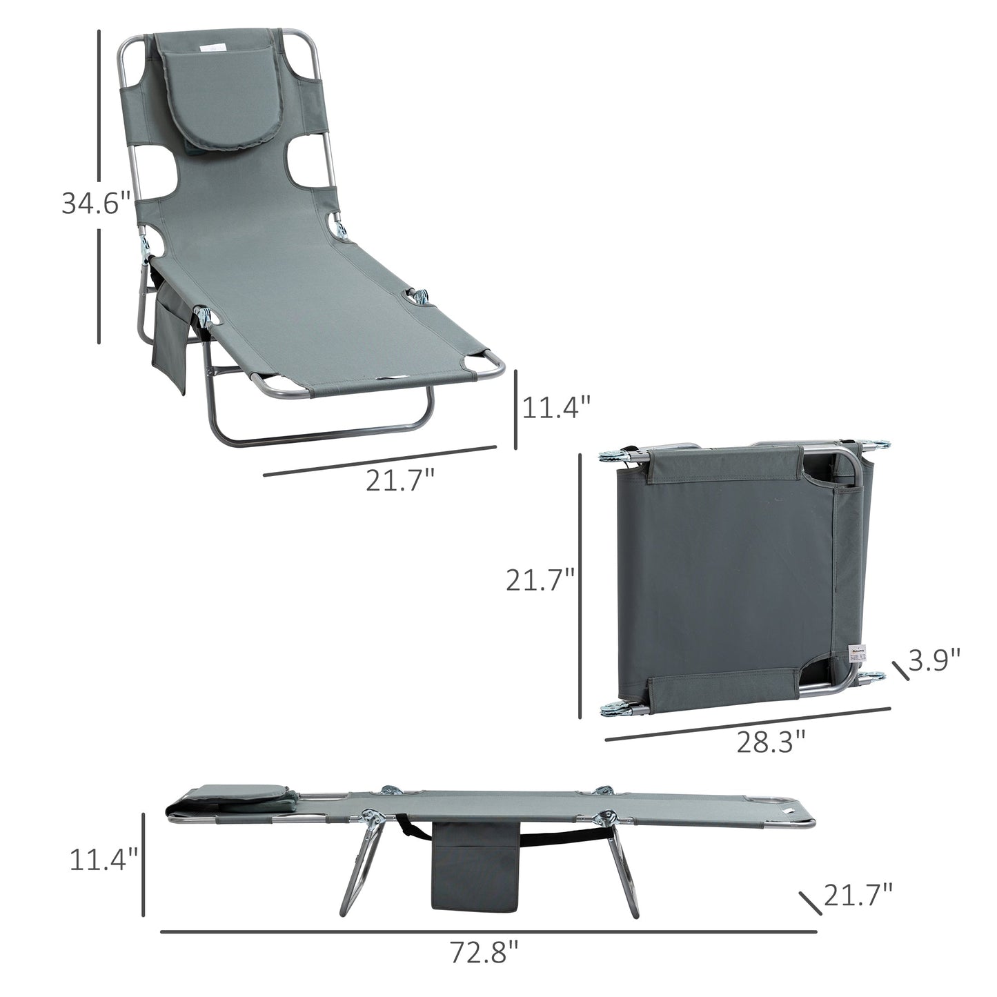 '-Outsunny Folding Outdoor Chaise Lounge Sun Tanning Chair with Face Cavity, Pillow, 5-level Adjustable for Beach Pool, Gray - Outdoor Style Company