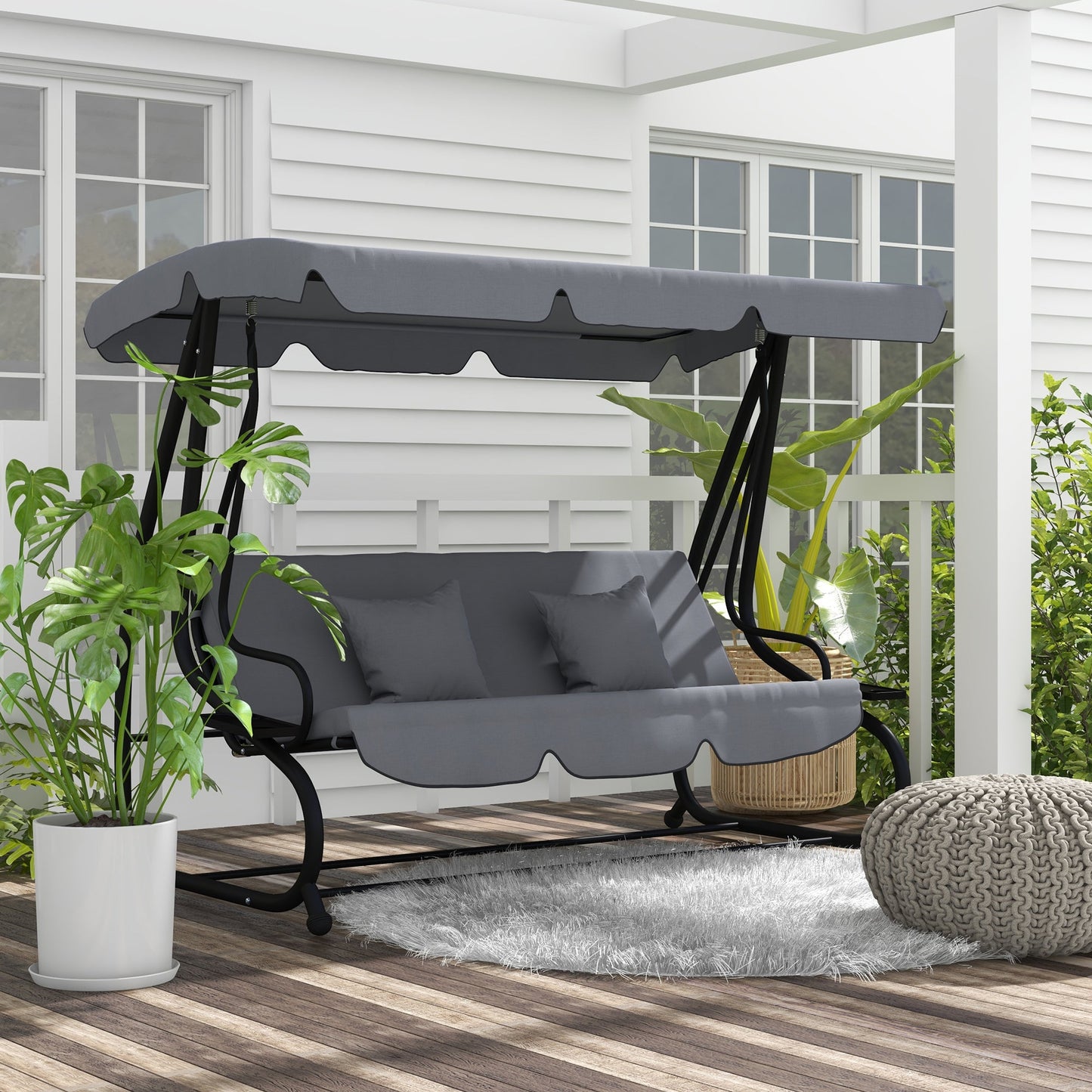 -Outsunny Free Standing Swing Bench, Porch Swing with Stand, Adjustable Canopy, Cushion and Pillows - Outdoor Style Company