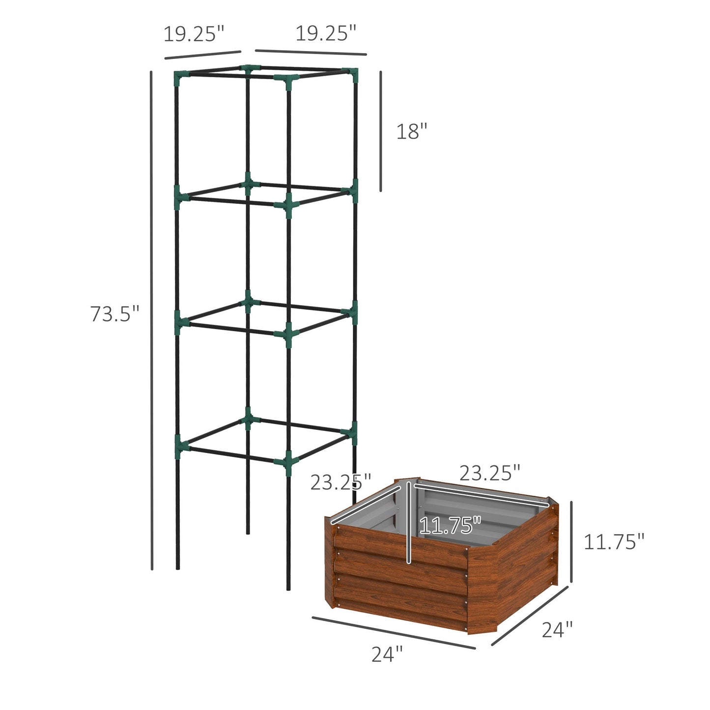 '-Outsunny Galvanised Planter Box, 24"x24"x11.75" Raised Garden Bed with Tomato Cage for Climbing Vines, Vegetables, Flowers, Green - Outdoor Style Company