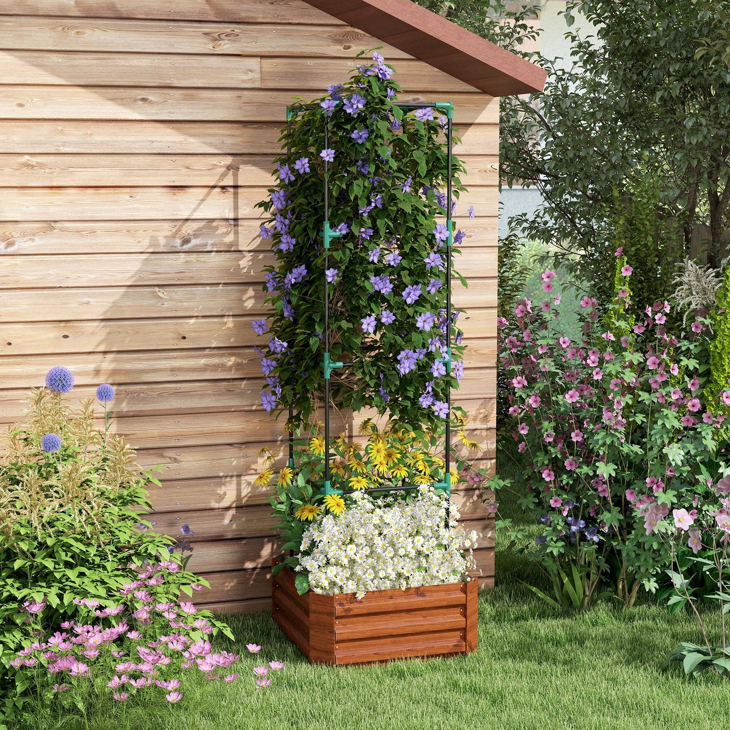 '-Outsunny Galvanised Planter Box, 24"x24"x11.75" Raised Garden Bed with Tomato Cage for Climbing Vines, Vegetables, Flowers, Green - Outdoor Style Company