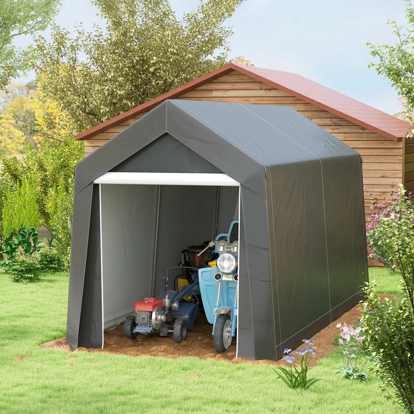 -Outsunny Galvanized 7' x 12' Outdoor Storage Tent, Heavy Duty and Waterproof Portable Shed, for Bike, Motorcycle, Tools, Gray - Outdoor Style Company