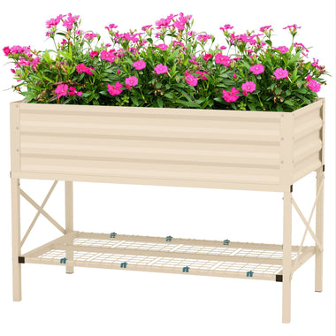 -Outsunny Galvanized Raised Garden Bed, Metal Planter Box with Legs, Storage Shelf and Bed Liner, Cream - Outdoor Style Company