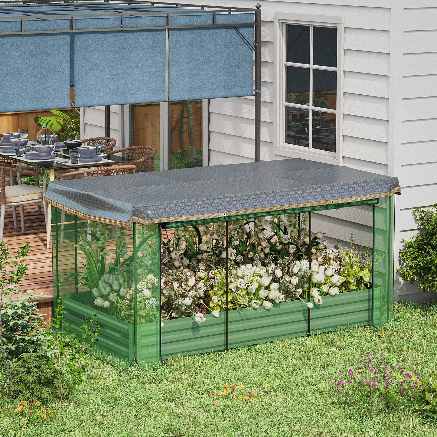 '-Outsunny Galvanized Steel Planter Box with Crop Cage and Shade Cloth, Raised Garden Bed for Flowers, Vegs and Herbs, Green - Outdoor Style Company