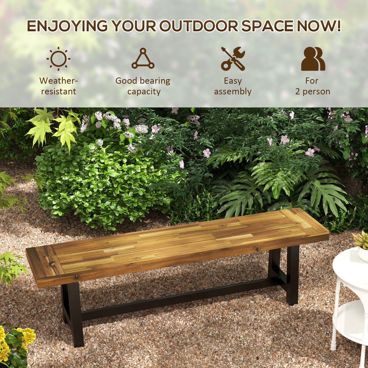 '-Outsunny Garden Bench with Acacia Wood Seat, Front Porch Loveseat, 63" x 14.25" x 18", Natural - Outdoor Style Company