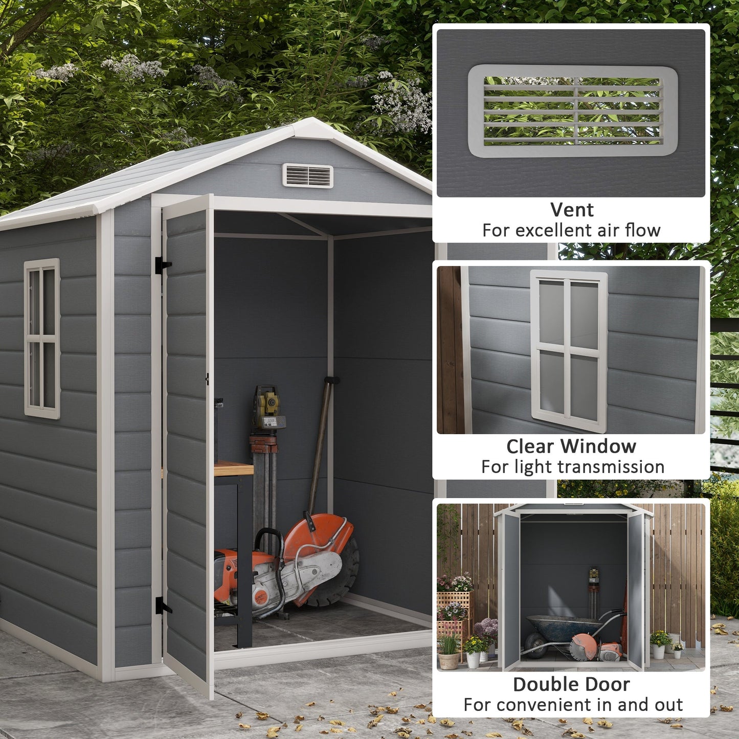 -Outsunny Garden Shed, 6'x4.5'Outdoor Storage Shed with Lockable Doors, Vent, Plastic Utility Tool Shed for Backyard, Patio, Gray - Outdoor Style Company