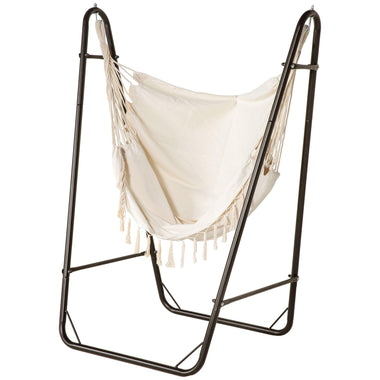 Reclining Lounge Chairs - Outsunny Hammock Chair with U Shape Stand, Hammock Swing Chair with A Side Pocket, Brown/Cream White - Outdoor Style Company