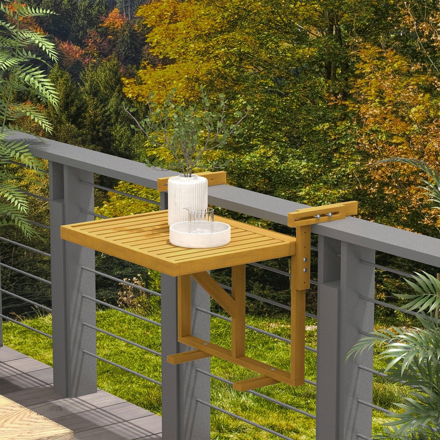 '-Outsunny Hanging Deck Table, Wood Frame, 26.75" x 25.5" x 16" -21.75", Natural - Outdoor Style Company