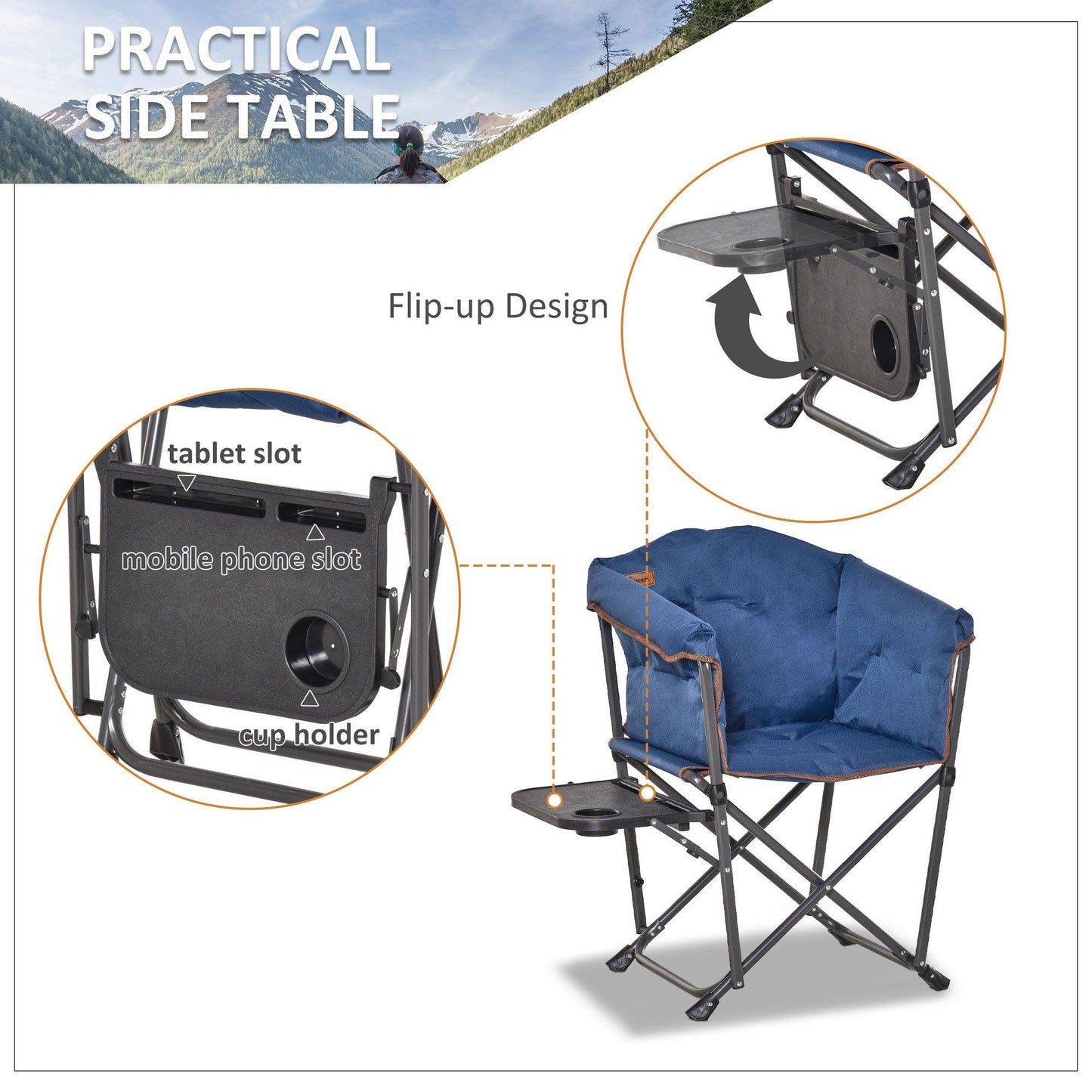 '-Outsunny Heavy Duty Camping Folding Director Chair Oversize Padded Seat w/ Side Table Compact and Sturdy for Outdoor,Picnic, Hiking, Blue - Outdoor Style Company