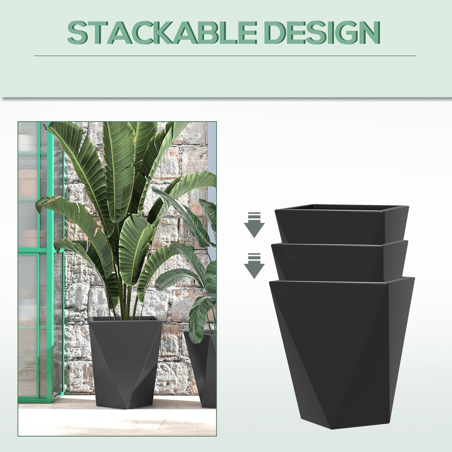 Floor Planters - Outsunny Indoor Outdoor Planters Set of 3 MgO Tall Planters Stackable Flower Pots with Drainage Holes for Garden Balcony Black - Outdoor Style Company