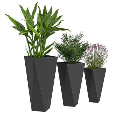 Floor Planters - Outsunny Indoor Outdoor Planters Set of 3 MgO Tall Planters Stackable Flower Pots with Drainage Holes for Garden Balcony Black - Outdoor Style Company