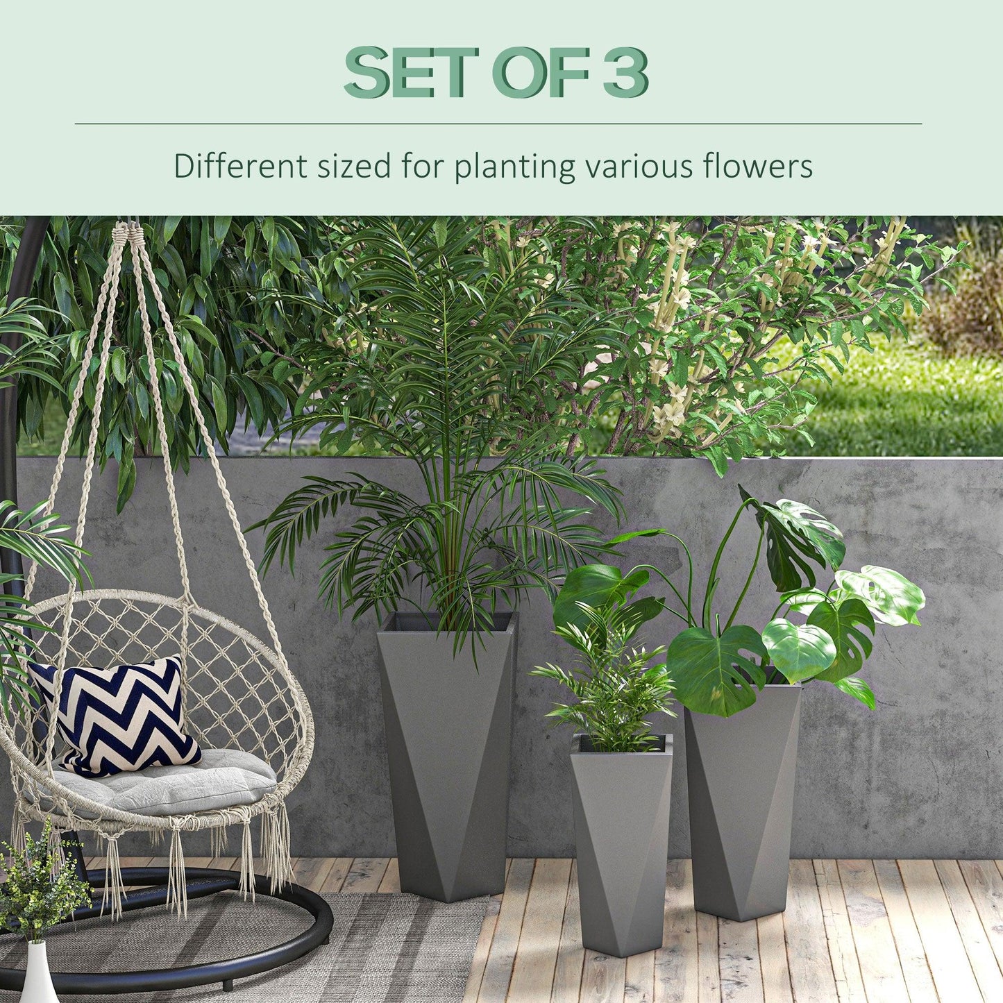 Floor Planters - Outsunny Indoor Outdoor Planters Set of 3 MgO Tall Planters Stackable Flower Pots with Drainage Holes for Garden Balcony Gray - Outdoor Style Company