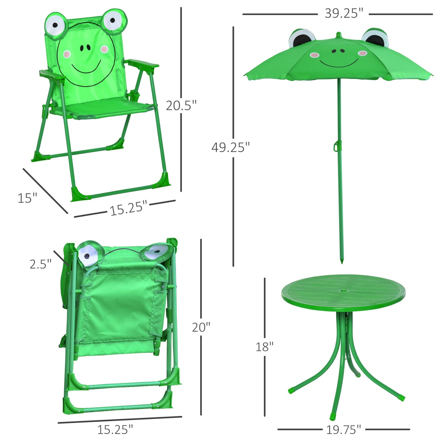 -Outsunny Kids Folding Picnic Table and Chair Set Frog Pattern with Removable & Height Adjustable Sun Umbrella, Green - Outdoor Style Company