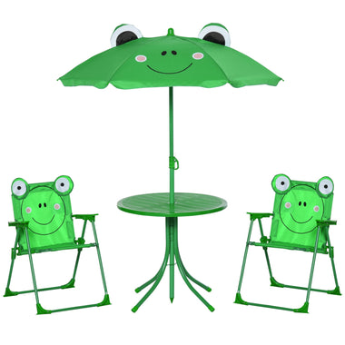 -Outsunny Kids Folding Picnic Table and Chair Set Frog Pattern with Removable & Height Adjustable Sun Umbrella, Green - Outdoor Style Company
