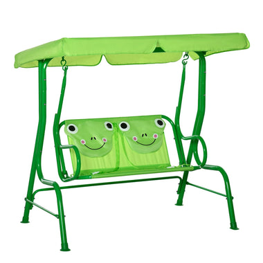 '-Outsunny Kids Patio Swing Chair, Children 2-Seat Porch Bench Toddler Glider with Adjustable Canopy, Seat Belt, Frog Pattern for 3-6 Years Old, Green - Outdoor Style Company