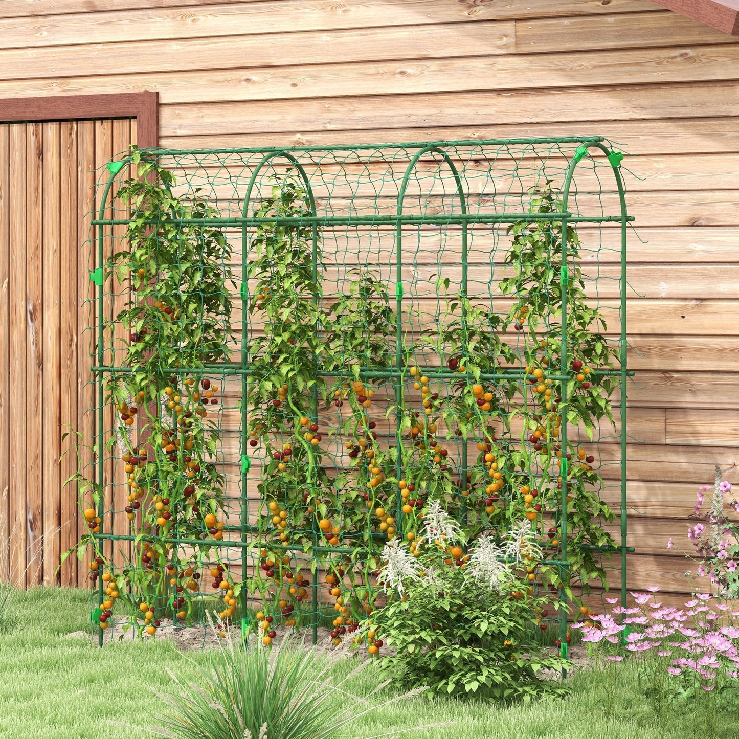 '-Outsunny Metal Garden Trellis, Arch Trellis for Climbing Plants Outdoor, A-Frame, with Climbing Net, 17" x 72" x 72", Green - Outdoor Style Company