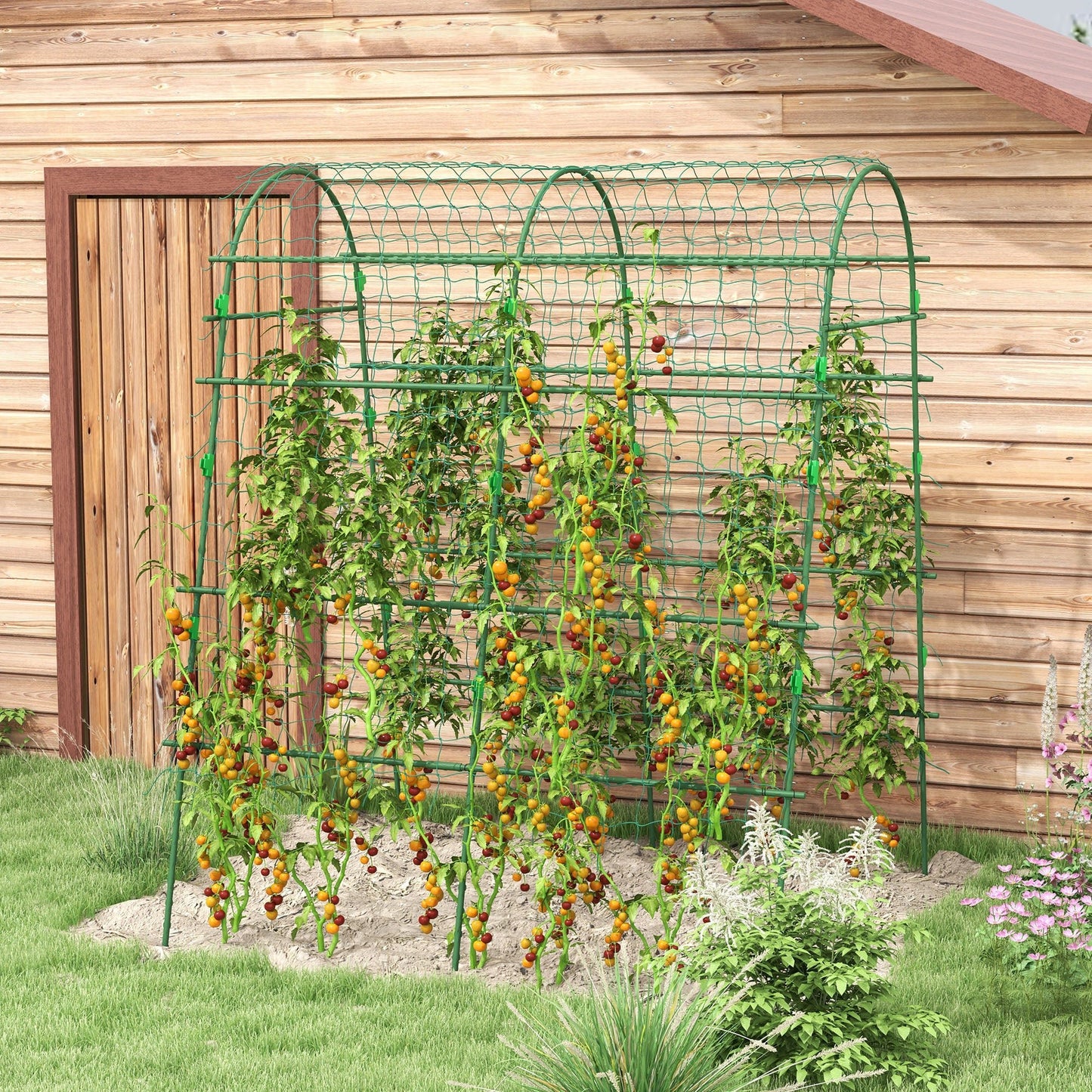 '-Outsunny Metal Garden Trellis, Arch Trellis for Climbing Plants Outdoor, A-Frame, with Climbing Net, 57" x 66" x 81", Green - Outdoor Style Company