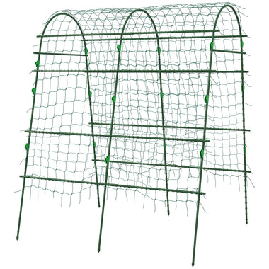 '-Outsunny Metal Garden Trellis, Arch Trellis for Climbing Plants Outdoor, A-Frame, with Climbing Net, 57" x 66" x 81", Green - Outdoor Style Company