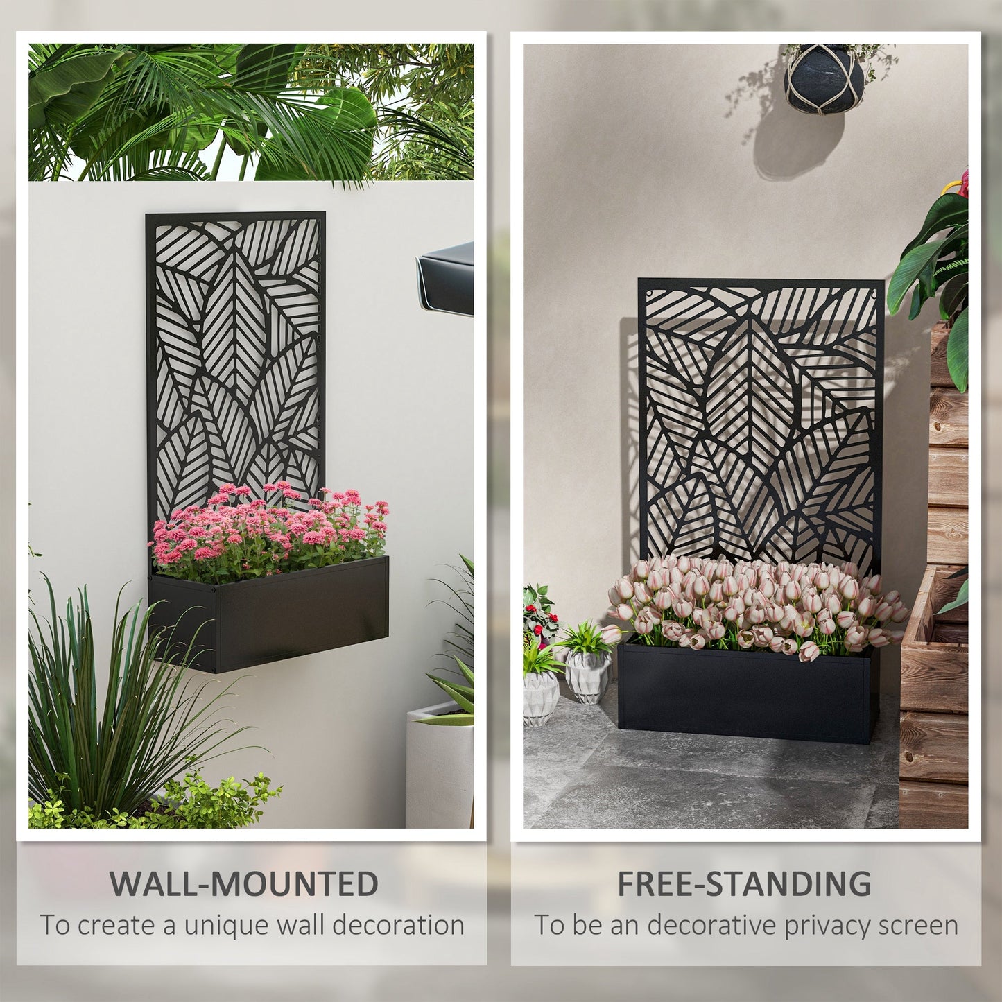 '-Outsunny Metal Outdoor Privacy Screen with Raised Garden Bed, Privacy Panel and Planter Box, Wall-Mounted or Freestanding, Black - Outdoor Style Company