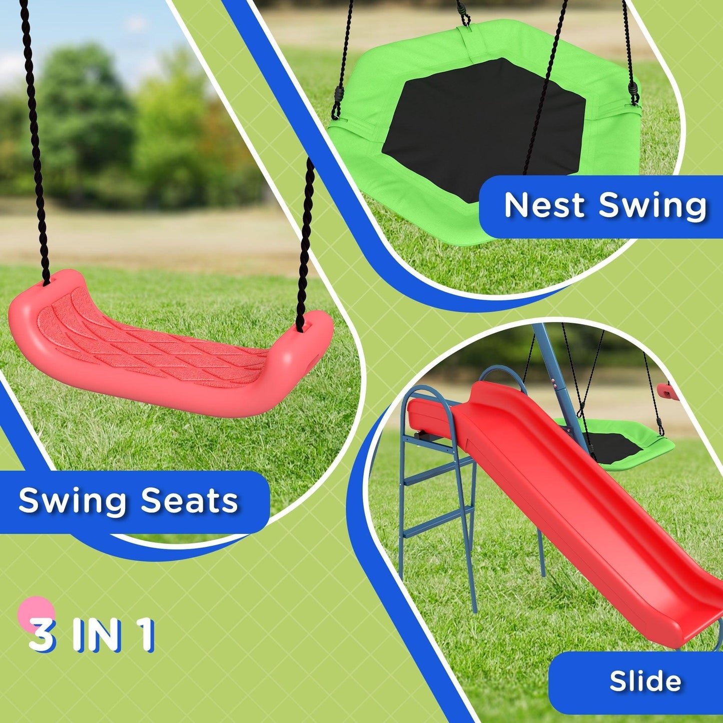 '-Outsunny Metal Swing Set for Backyard 3 in 1 Design with 1 Nest Swing, 2 Seats, 1 Slide, Holds Up to 352lbs for Ages 3-8 - Outdoor Style Company