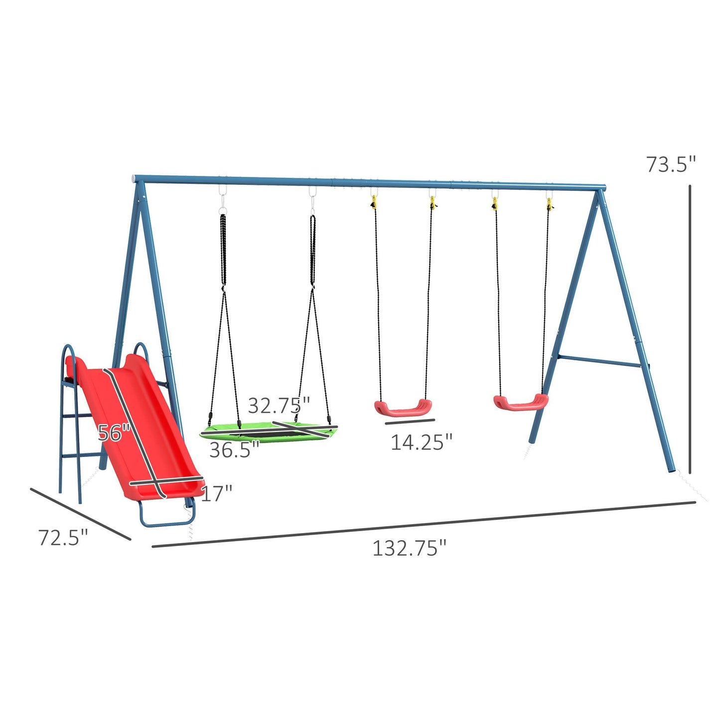 '-Outsunny Metal Swing Set for Backyard 3 in 1 Design with 1 Nest Swing, 2 Seats, 1 Slide, Holds Up to 352lbs for Ages 3-8 - Outdoor Style Company