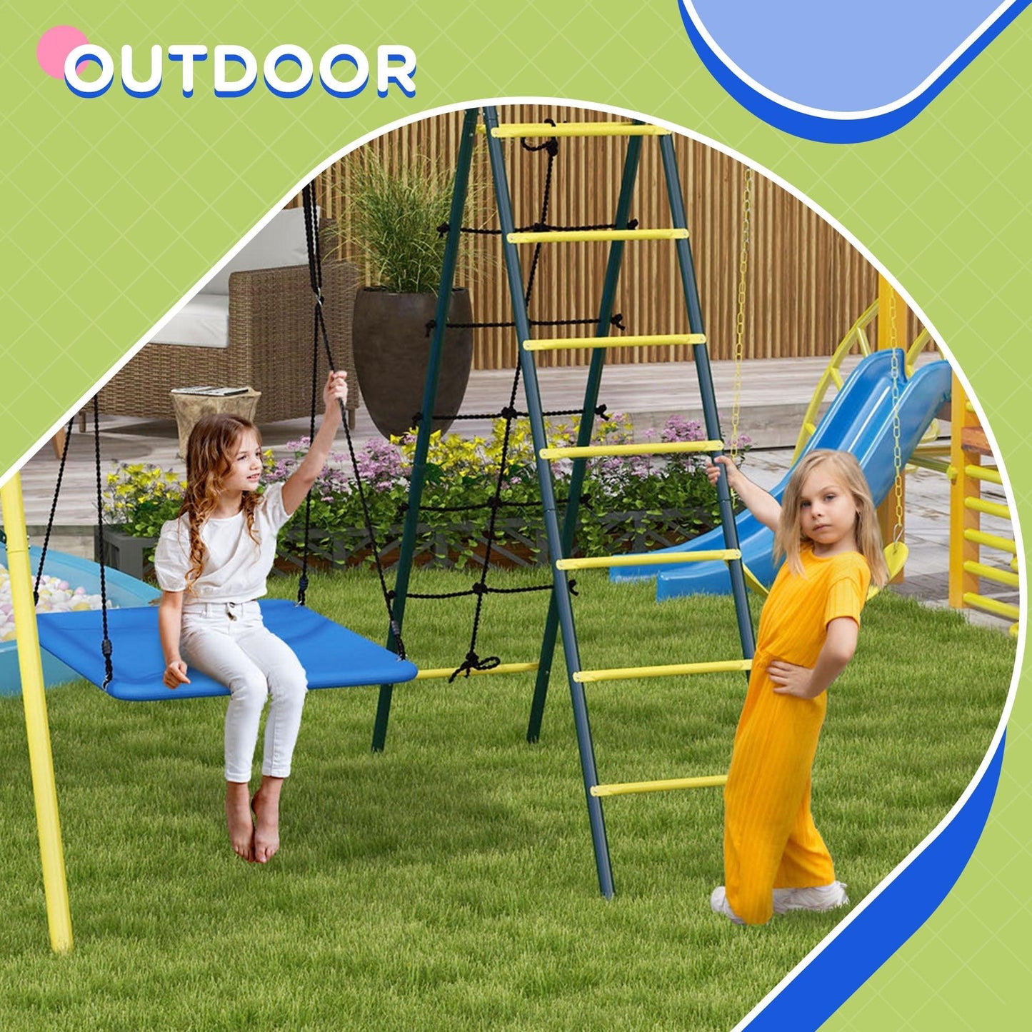 '-Outsunny Metal Swing Set for Backyard 5 in 1 Design Holds up to 440lbs for Ages 3-8, Yellow - Outdoor Style Company