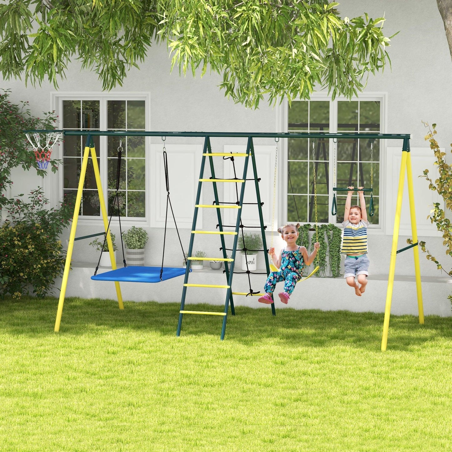 '-Outsunny Metal Swing Set for Backyard 5 in 1 Design Holds up to 440lbs for Ages 3-8, Yellow - Outdoor Style Company