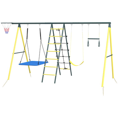 -Outsunny Metal Swing Set for Backyard 5 in 1 Design Holds up to 440lbs for Ages 3-8, Yellow - Outdoor Style Company
