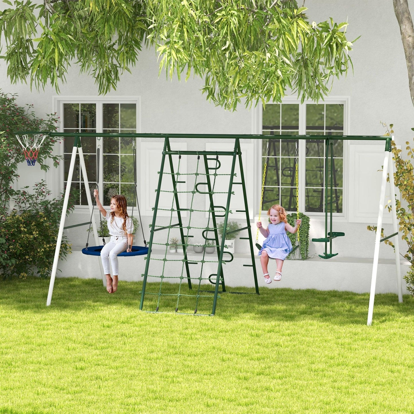 '-Outsunny Metal Swing Set for Backyard with 1 Saucer Swing, Basketball Hoop, 1 Seat, 1 Swing Glider, Climbing Net and Steps - Outdoor Style Company