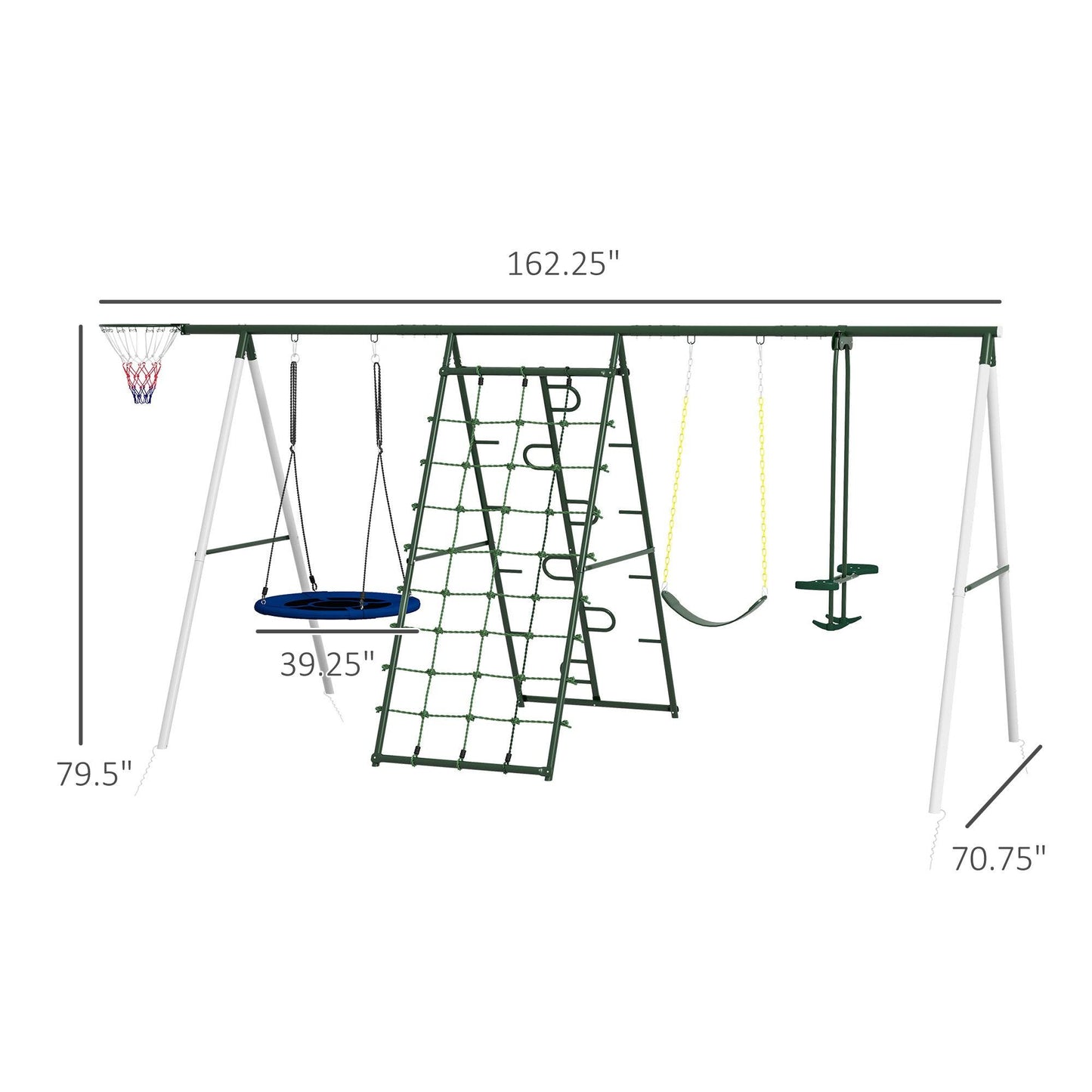 '-Outsunny Metal Swing Set for Backyard with 1 Saucer Swing, Basketball Hoop, 1 Seat, 1 Swing Glider, Climbing Net and Steps - Outdoor Style Company