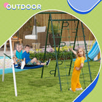 '-Outsunny Metal Swing Set for Backyard with 1 Saucer Swing, Basketball Hoop, 1 Seat, 1 Swing Glider, Climbing Net and Steps - Outdoor Style Company