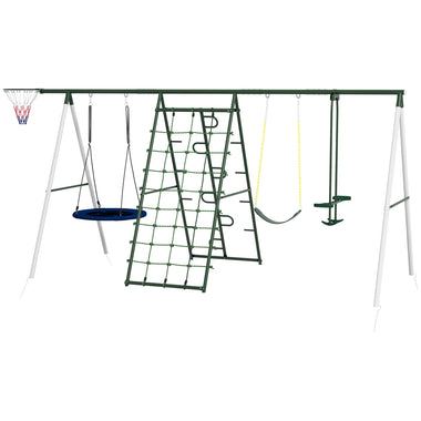 -Outsunny Metal Swing Set for Backyard with 1 Saucer Swing, Basketball Hoop, 1 Seat, 1 Swing Glider, Climbing Net and Steps - Outdoor Style Company