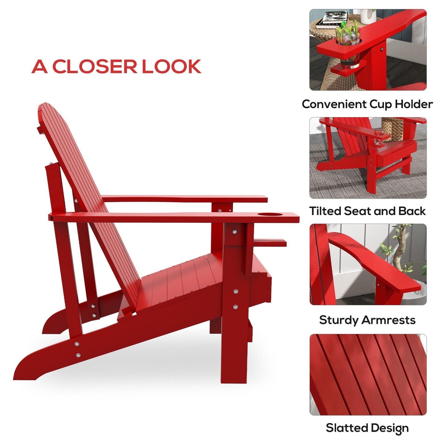 '-Outsunny Modern Adirondack Chair, with Built-in Cupholder, Supports Up to 330 lbs, Classic Log Lounge for Patio, Garden, Lawn, Red | Aosom.com - Outdoor Style Company