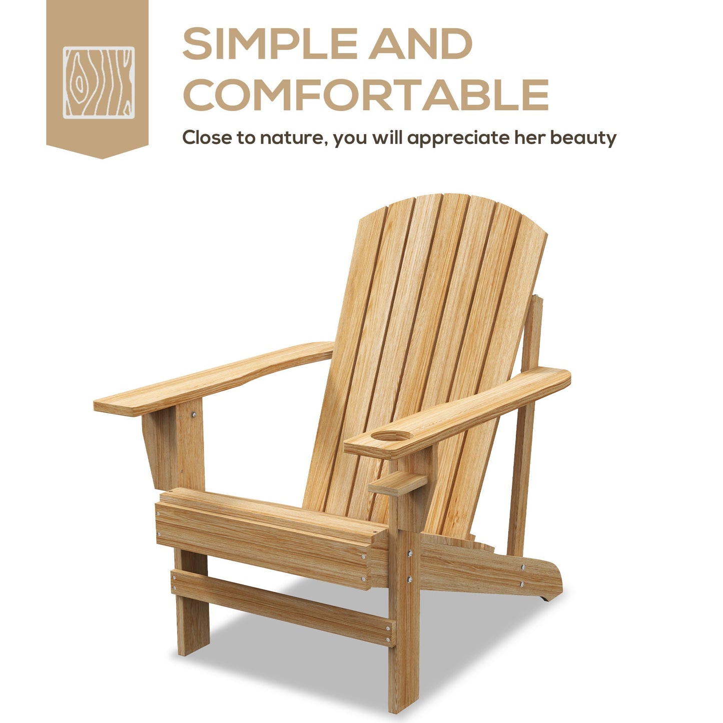 '-Outsunny Modern Adirondack Chair, with Built-in Cupholder, Supports Up to 330 lbs, Classic Log Lounge for Patio, Garden, Natural Wood | Aosom.com - Outdoor Style Company