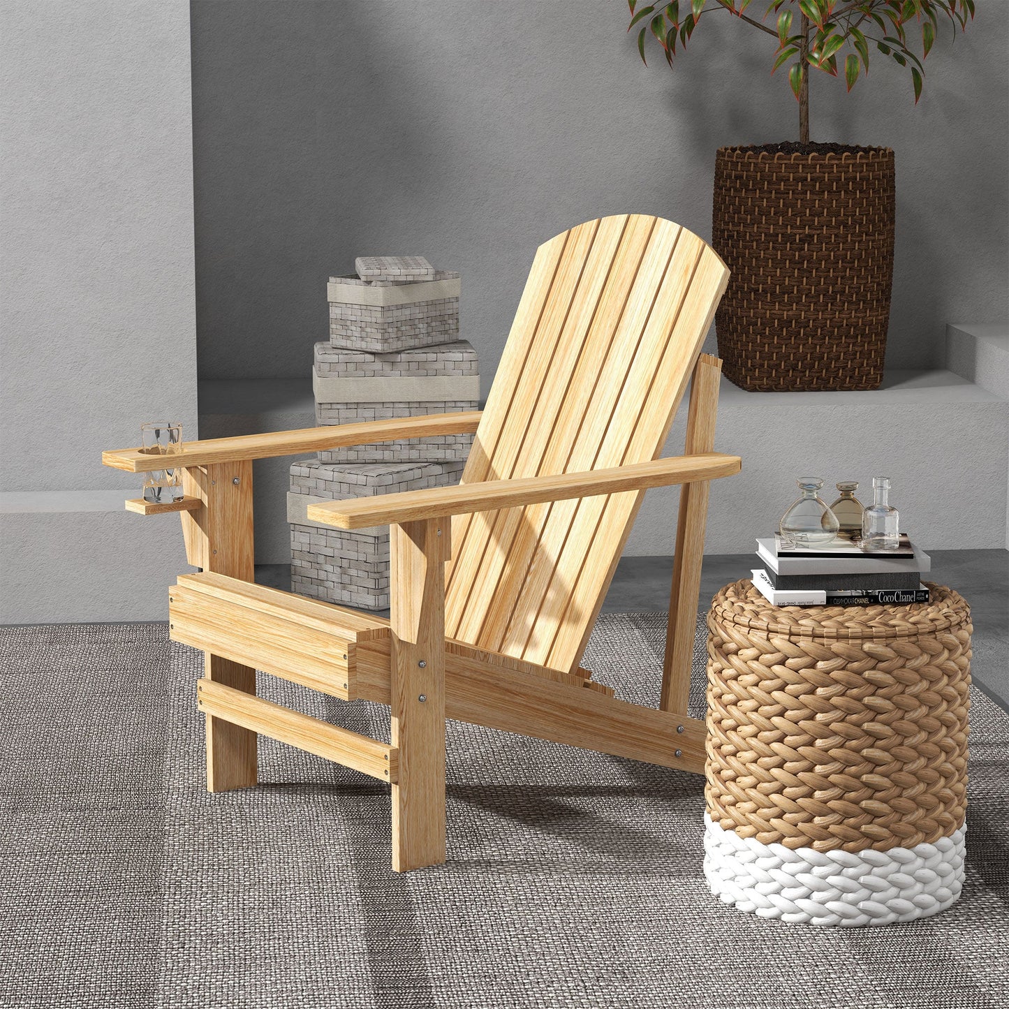 '-Outsunny Modern Adirondack Chair, with Built-in Cupholder, Supports Up to 330 lbs, Classic Log Lounge for Patio, Garden, Natural Wood | Aosom.com - Outdoor Style Company