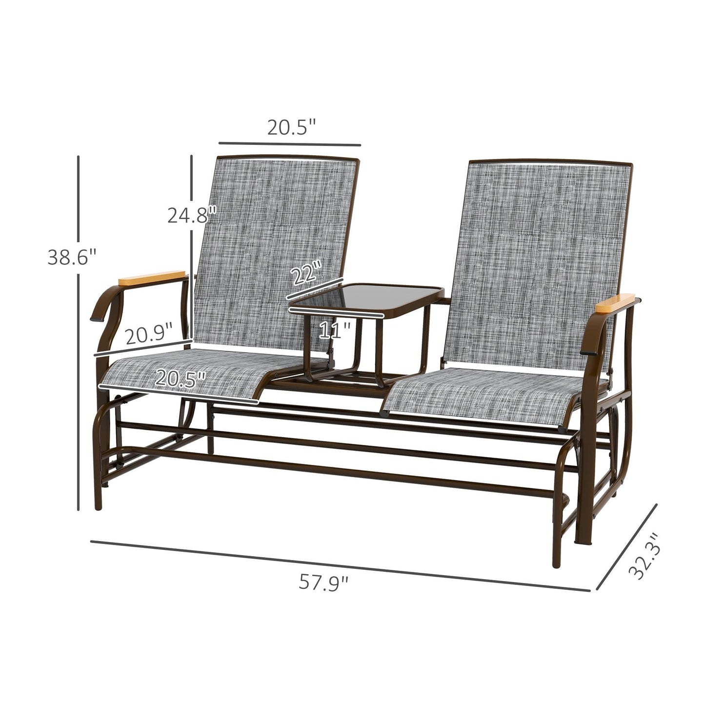 '-Outsunny Outdoor 2-Person Glider Bench, Outside Swing Glider Chair Loveseat with Breathable Mesh, Table, Steel Frame - Outdoor Style Company