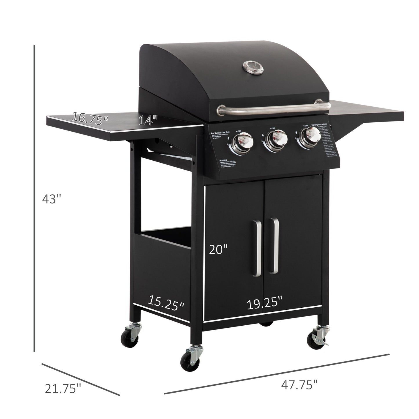 '-Outsunny Outdoor 3 Burner Gas Grill Portable Barbecue Trolley w/ Wheels, Warming Rack, Shelves, Cabinet, Thermometer, Black - Outdoor Style Company