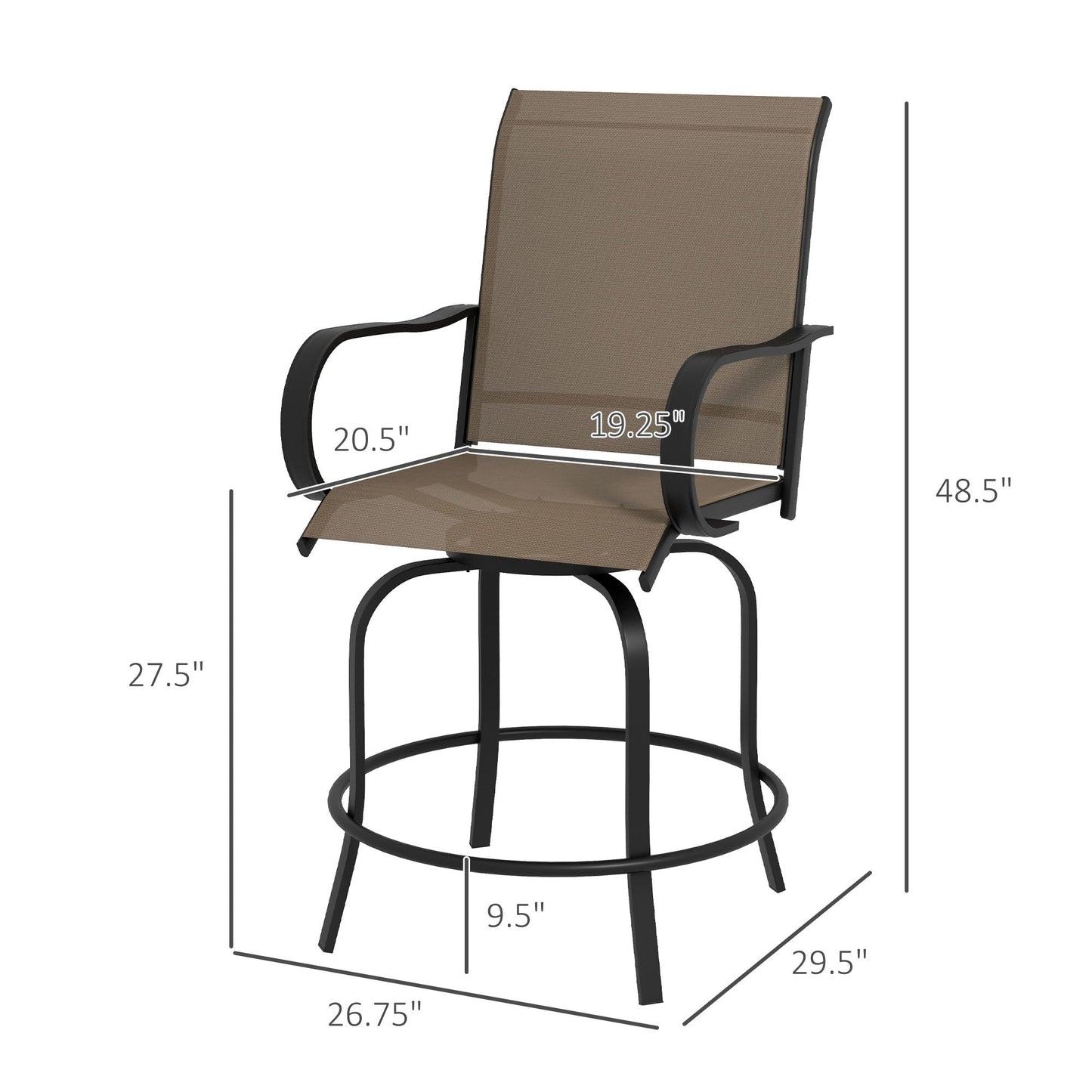 '-Outsunny Outdoor Bar Stools Set of 2, 360Â° Swivel Bar Height Chairs, 26.75" x 29.5" x 48.5", Brown - Outdoor Style Company