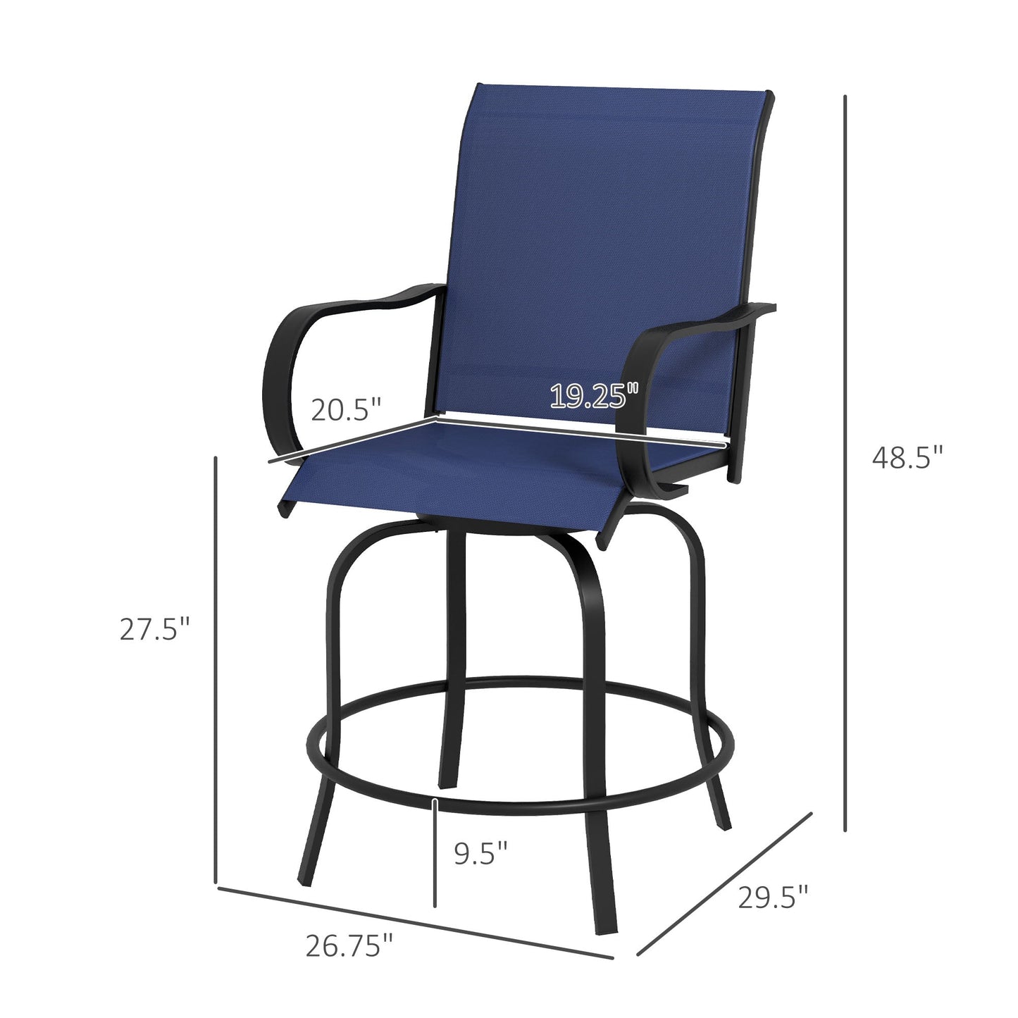 '-Outsunny Outdoor Bar Stools Set of 2, 360Â° Swivel Bar Height Chairs, 26.75" x 29.5" x 48.5", Navy Blue - Outdoor Style Company