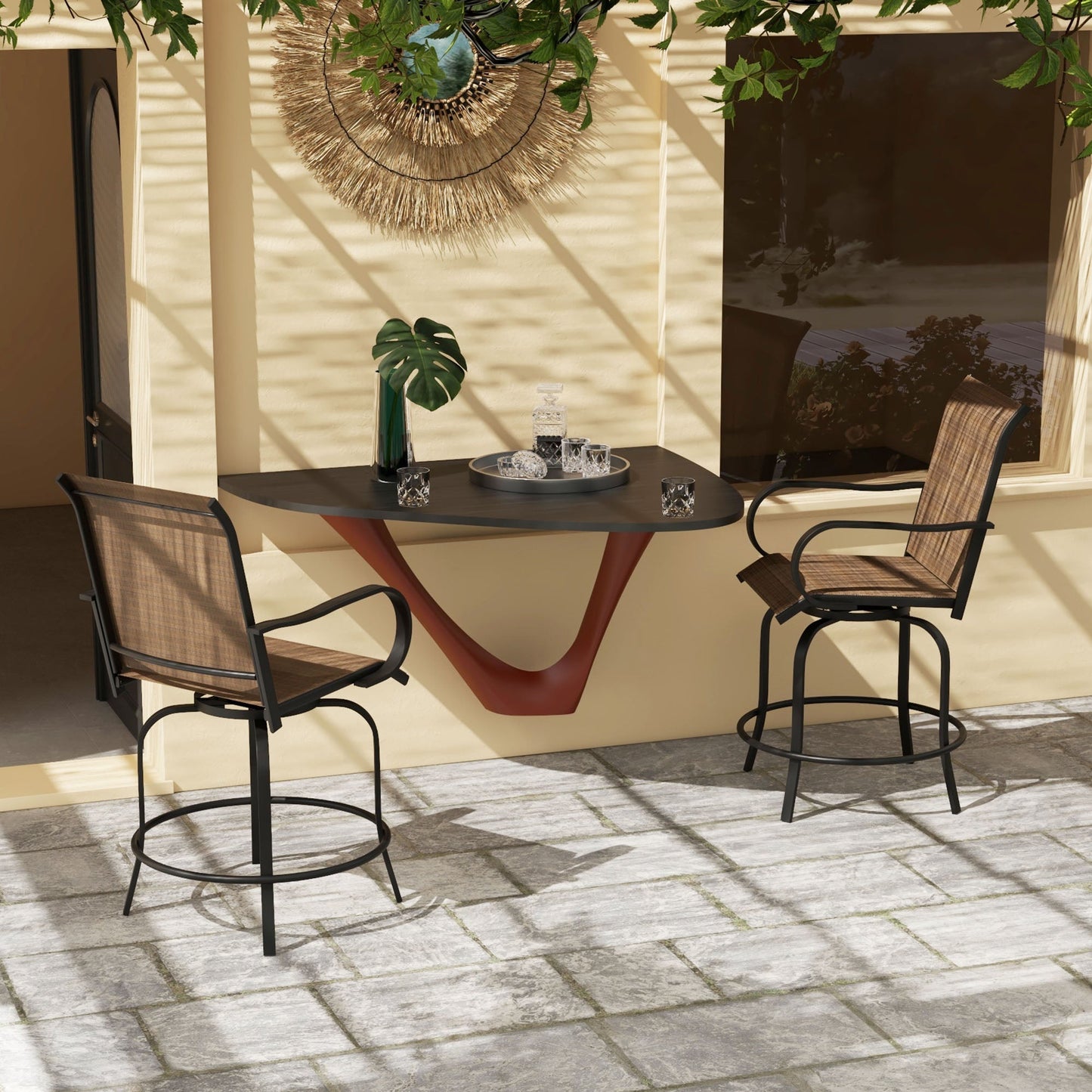 '-Outsunny Outdoor Bar Stools Set of 2, 360Â° Swivel Bar Height Chairs, 26.75" x 29.5" x 48.5", Tan - Outdoor Style Company