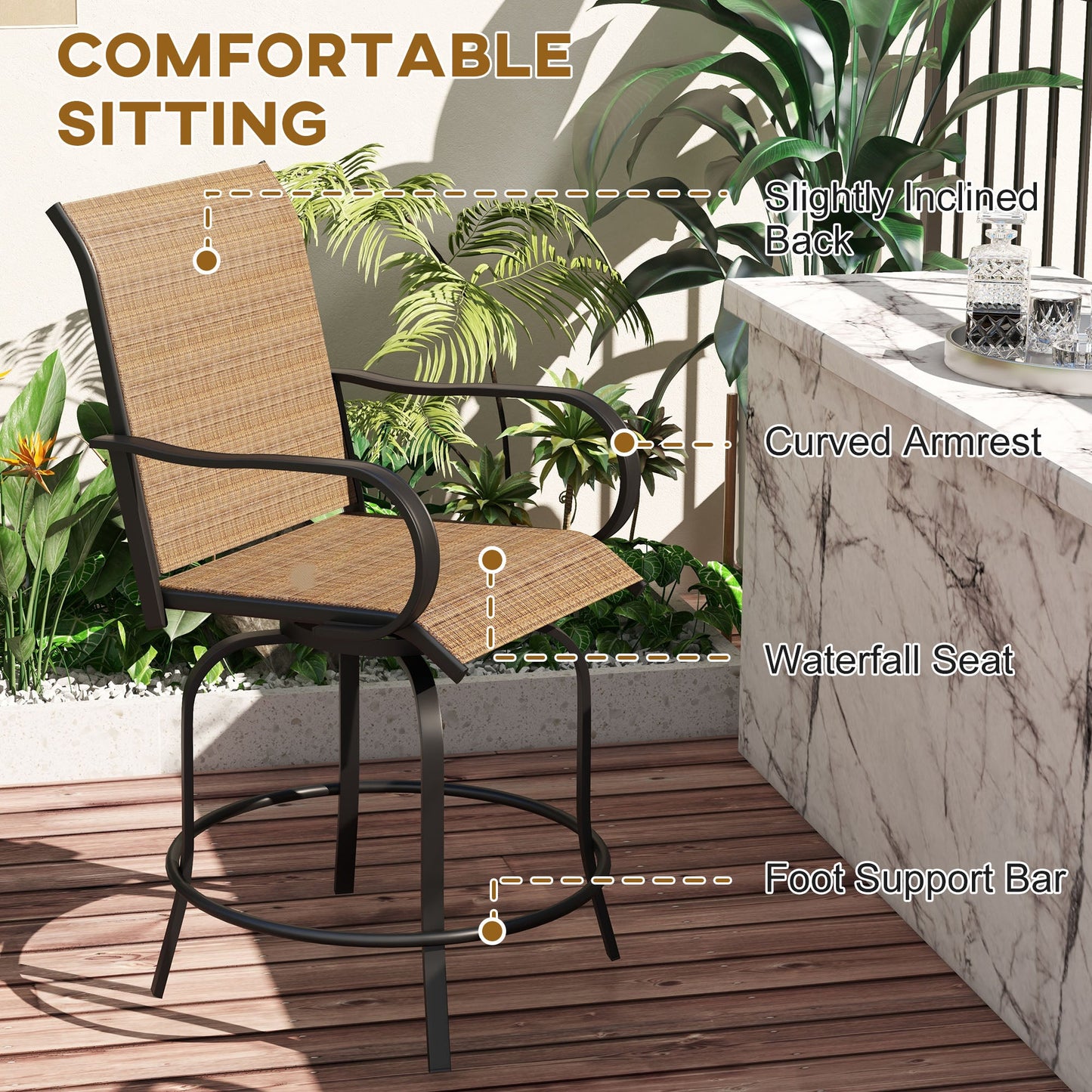 '-Outsunny Outdoor Bar Stools Set of 2, 360Â° Swivel Bar Height Chairs, 26.75" x 29.5" x 48.5", Tan - Outdoor Style Company