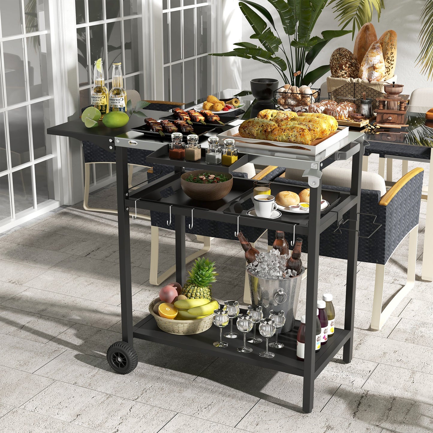 -Outsunny Outdoor Bar Table w/ Stainless Steel Tabletop, Outdoor Kitchen Island w/ 2-Tier Shelf & Wheels, Patio Serving Cart for Poolside Garden, Black - Outdoor Style Company