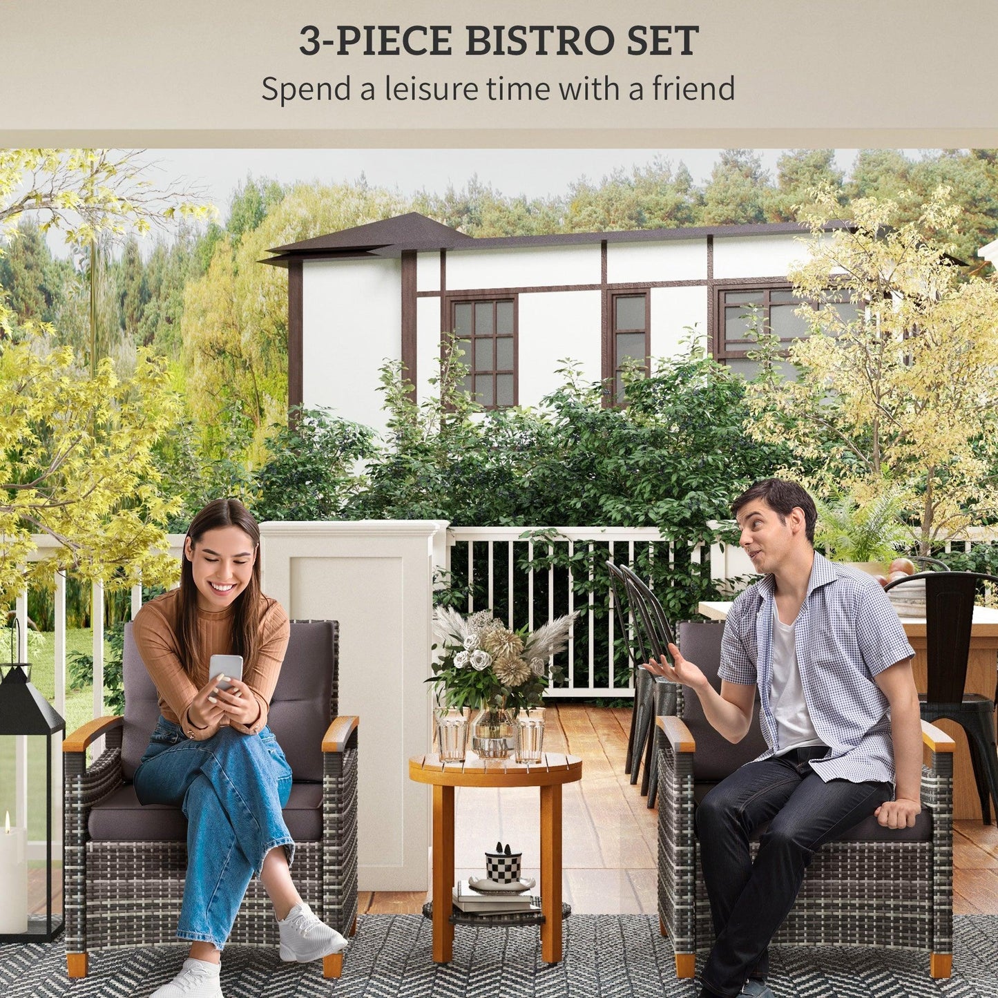 Traditional Bistro Sets - Outsunny Outdoor Bistro Set Wicker Patio Furniture with Cushions, for Porch, Backyard, Garden, Gray - Outdoor Style Company