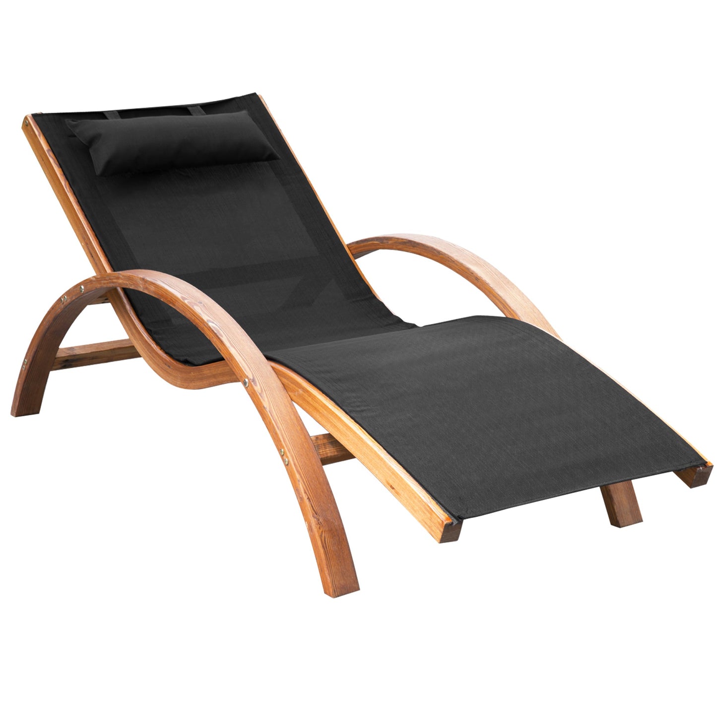 '-Outsunny Outdoor Chaise Wood Lounge Chair with Pillow, Armrests, Breathable Sling Mesh and Comfortable Curved Design for Patio, Deck, and Poolside - Outdoor Style Company