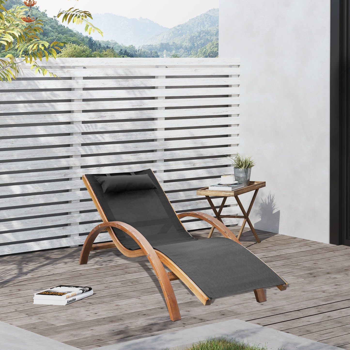 '-Outsunny Outdoor Chaise Wood Lounge Chair with Pillow, Armrests, Breathable Sling Mesh and Comfortable Curved Design for Patio, Deck, and Poolside - Outdoor Style Company