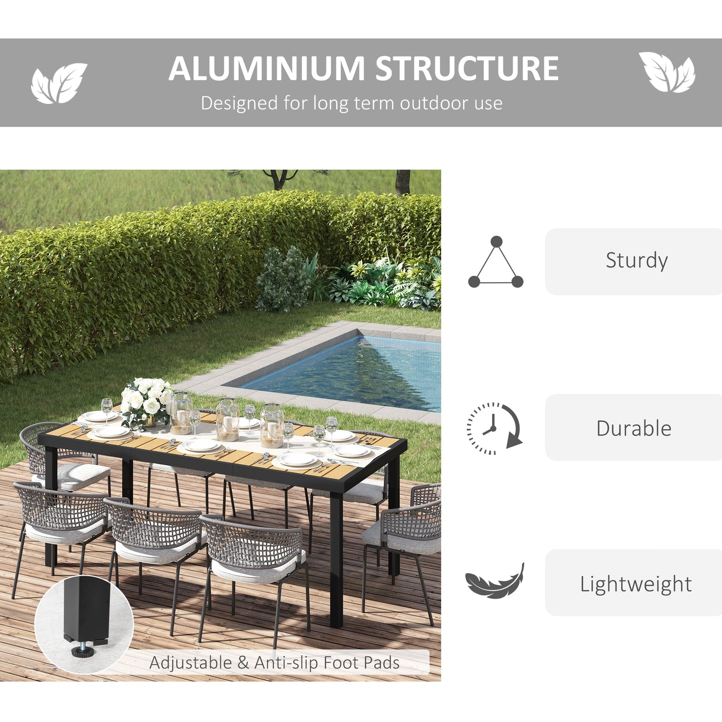 '-Outsunny Outdoor Dining Table for 8 Person, Rectangular, Aluminum Metal Legs for Garden, Lawn, Patio, Woodgrain Natural - Outdoor Style Company